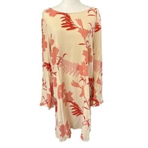Roxy Floral Bell Sleeve Mini Dress M Boho Cream Red Open Back Beach Cover Up
